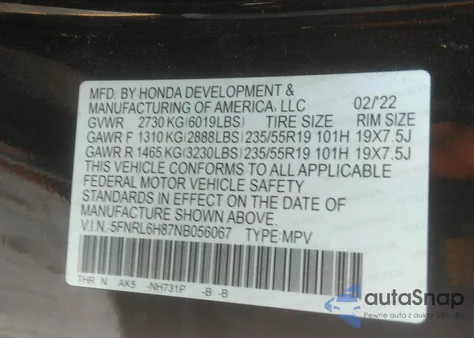 2022 Honda Odyssey Touring z USA, uszkodzony, nr VIN 5FNRL6H87NB056067